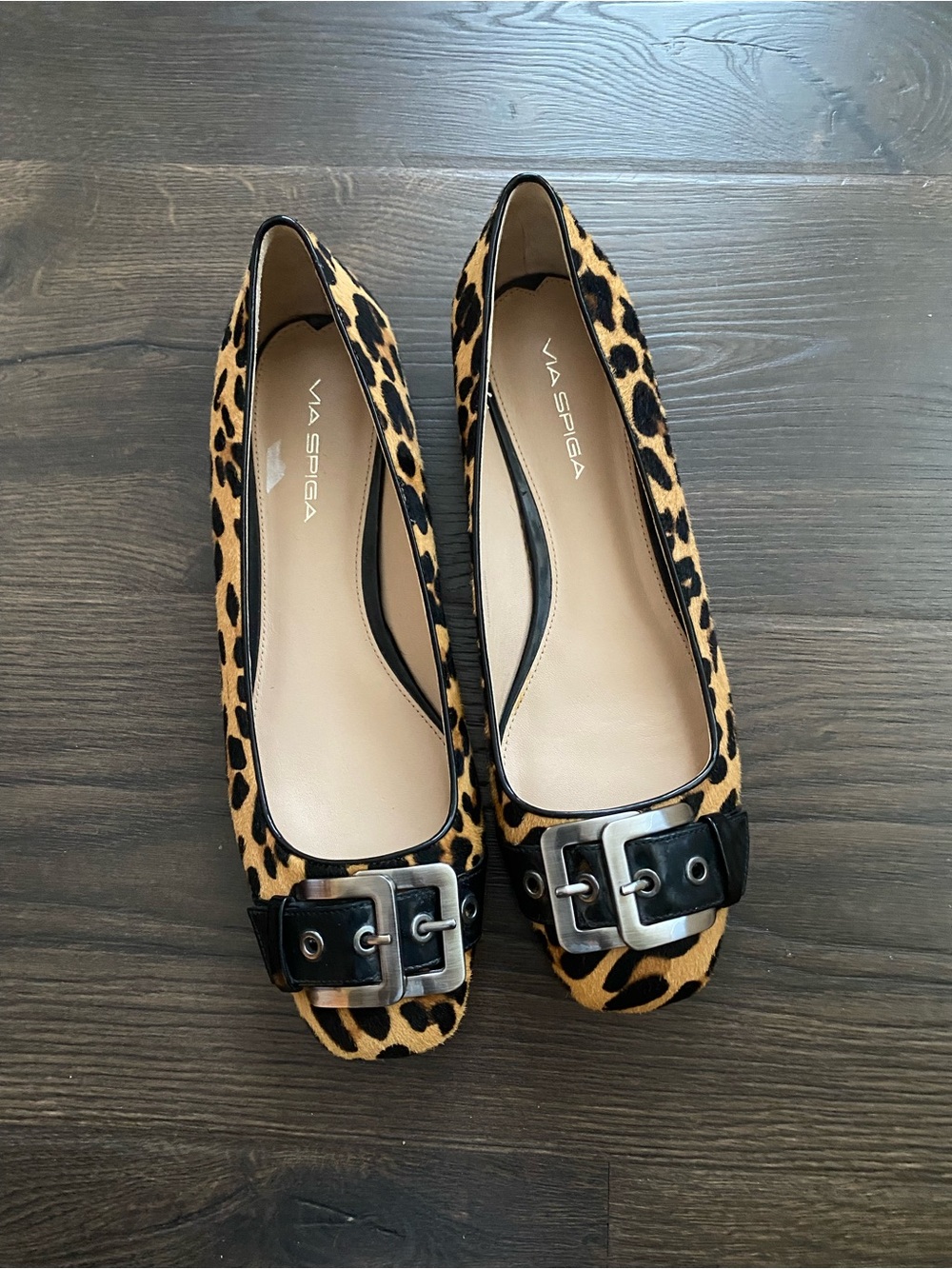 Via Spiga Calf Hair Leopard Print Buckle Flats 9M Genuine Leather Made Italy